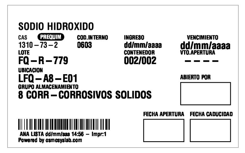 Etiqueta interna de reactivo químico en laboratorio colocada a la recepción, con información de identificación, lote, ubicación, condiciones de almacenamiento, fechas de ingreso, apertura y vencimiento, y trazabilidad del contenedor, ejemplo.