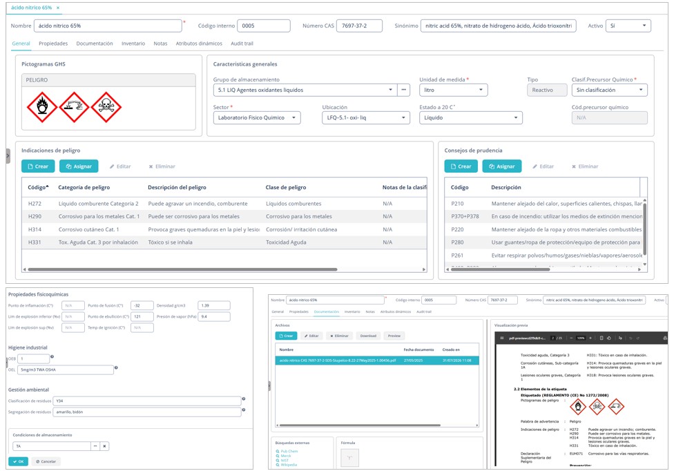 Ficha de Datos de Seguridad vinculada a un ítem del inventario y su información cargada como campos del sistema
