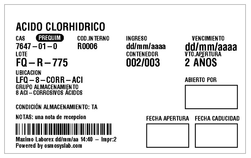 Etiqueta de identificación de hidróxido de sodio utilizada en laboratorio, con nombre del producto, número CAS, lote, ubicación, grupo de corrosivos, fechas de ingreso y vencimiento, y campos para registro de apertura.
