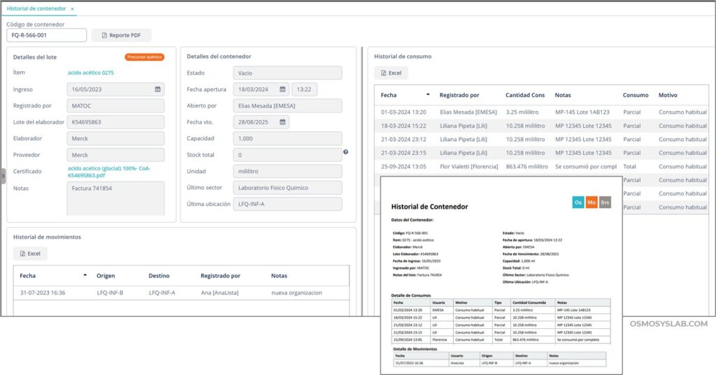Historial de contenedor en un inventario de laboratorio con registro de lote, apertura, consumos, movimientos y documentación asociada para asegurar trazabilidad completa del material.