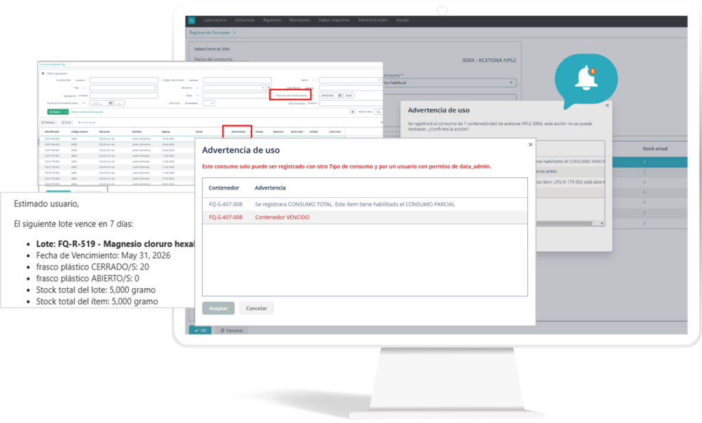 Sistema de gestión de reactivos con alertas de vencimiento, correo de aviso previo y advertencia de uso para contenedores vencidos en laboratorio