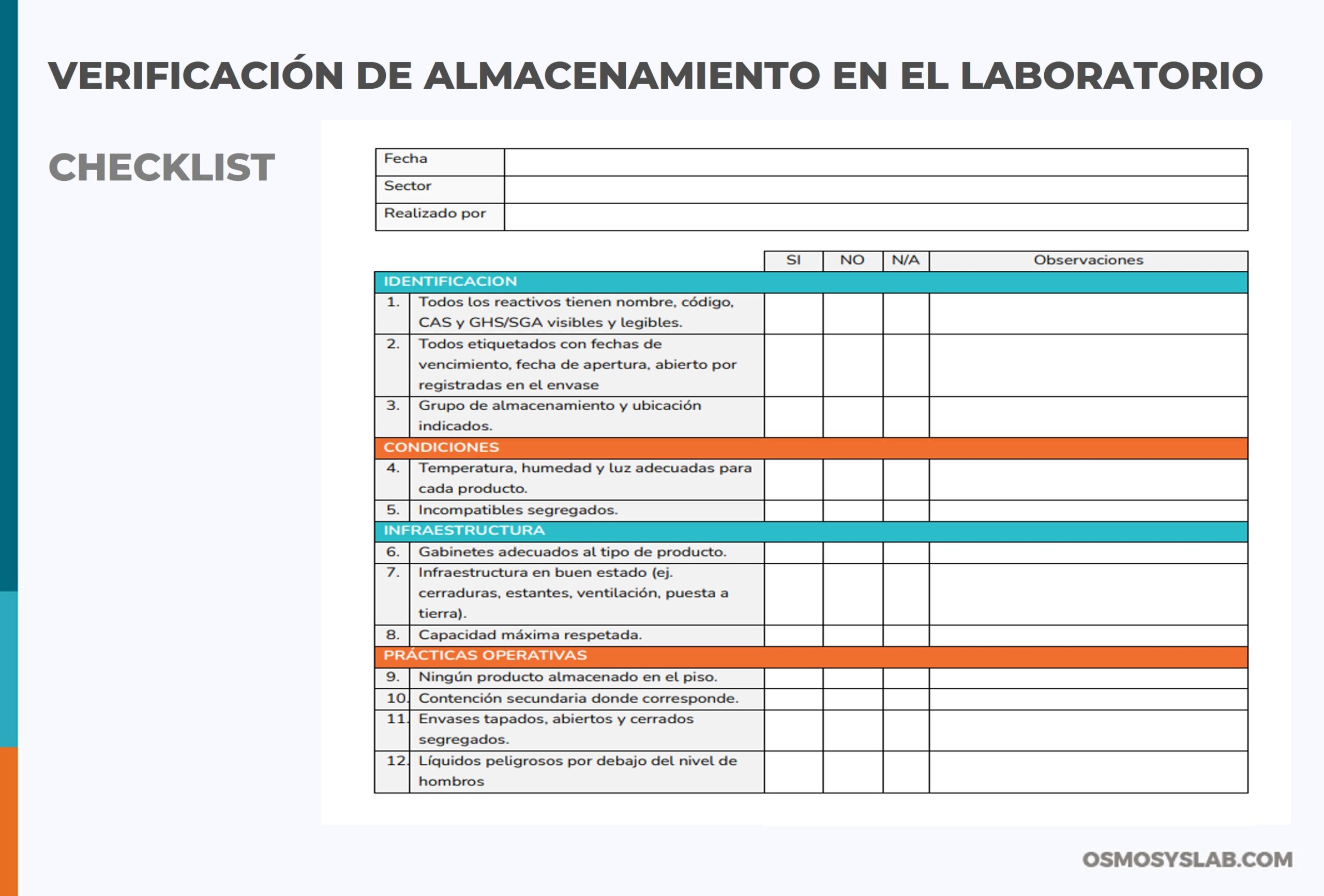 Verificación de almacenamiento en el laboratorio: checklist para control periódico de reactivos.